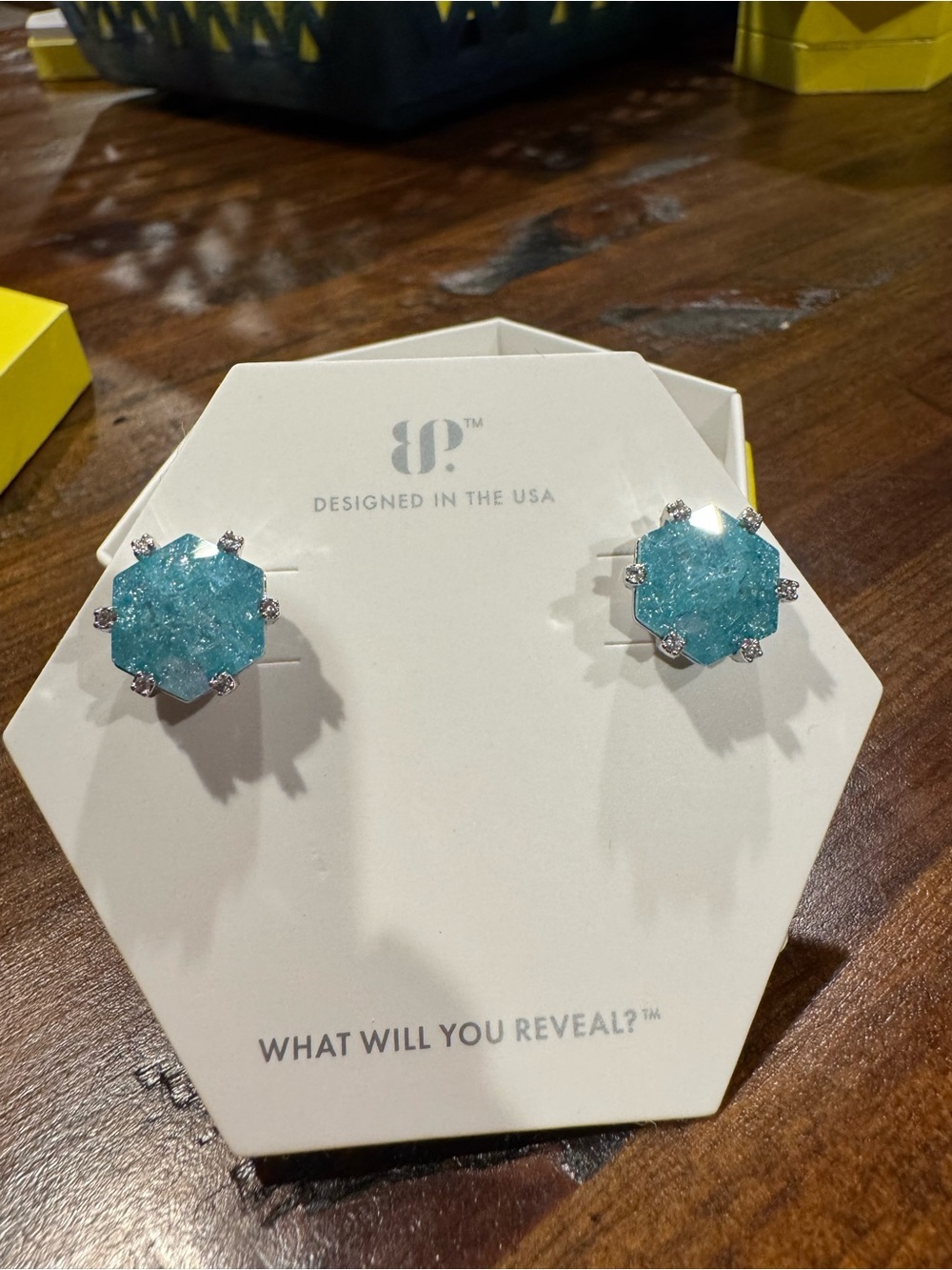 Hexagon Aqua Crystal Stud Earrings - Designed in the USA
